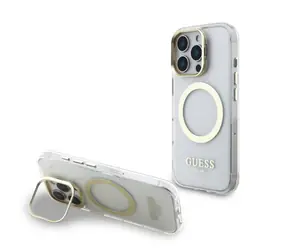 Guess IML Gold Outline Stand Camera Frame MagSafe Zadní Kryt pro iPhone 16 Pro Transparent
