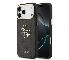 Guess PU Leather 4G Metal Logo Gold Frame Zadní Kryt pro iPhone 17 Pro Max Black