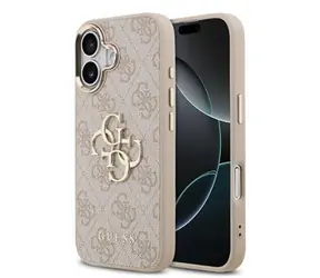 Guess PU Leather 4G Metal Logo Gold Frame Zadní Kryt pro iPhone 17 Pink