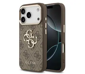 Guess PU Leather 4G Metal Logo Gold Frame Zadní Kryt pro iPhone 17 Pro Max Brown