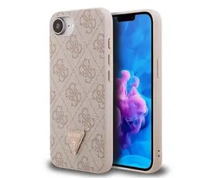 Guess PU 4G Strass Triangle Metal Logo Zadní Kryt pro iPhone 16e Pink