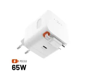 FIXED Síťová GaN nabíječka s 2xUSB-C podpora PD 3.0 se samonavíjecím kabelem 65W bílá