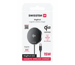 SWISSTEN MagPuck Qi2 1.5m černá / Bezdrátová nabíječka / Qi2 / MagSafe / 15W / USB-C