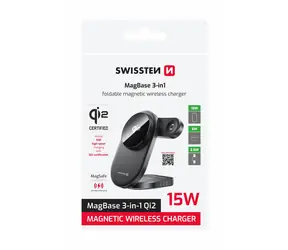 SWISSTEN MagBase 3v1 černá / Bezdrátová skládací nabíječka / Qi2 / MagSafe / 15W / USB-C