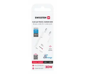 SWISSTEN Tenký nabíjecí adaptér GaN USB-C + USB-A 30W bílá