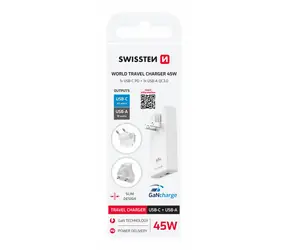 SWISSTEN Cestovní adaptér GaN USB-C + USB-A 45W (US/EU/UK) bílá