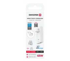 SWISSTEN Cestovní adaptér GaN USB-C + USB-A 65W (US/EU/UK) bílá