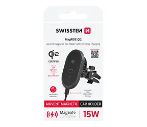 SWISSTEN MagRIDE Qi2 Magnetický držák do ventilace auta s bezdrátovým nabíjením černá / 15W / MagSafe / USB-C
