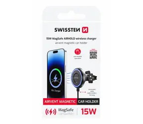 SWISSTEN MagSafe AIRHOLD Magnetický držák do ventilace auta s bezdrátovým nabíjením černá / 15W / MagSafe / USB-C