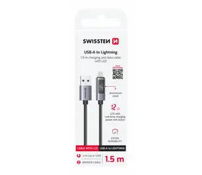 SWISSTEN Kabel USB-A na Lightning s LCD displejem 1.5m černá / 12W / USB-A (M) / Lightning