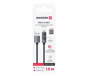 SWISSTEN Kabel USB-A na USB-C s LCD displejem 1.5m černá / 60W / USB-A (M) / USB-C (M)