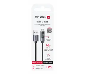 SWISSTEN Kabel USB-A na USB-C s LCD displejem 1m černá / 60W / USB-A (M) / USB-C (M)