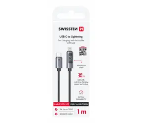 SWISSTEN Kabel USB-C na Lightning s LCD displejem 1m černá / 30W / Lightning (M) / USB-C (M)