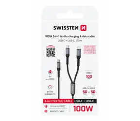 SWISSTEN Nabíjecí kabel 2v1 100W 1.5m černá / 100W / 3x USB-C (M)