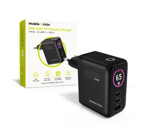 Mobile Origin PW20 GaN 65W černá / Nabíječka s TFT displejem / 2x USB-C & 1x USB-A