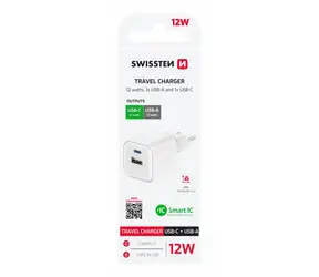 SWISSTEN Síťový adaptér USB-C + USB-A 12W bílá 