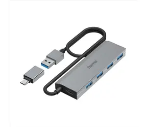 Hama USB hub šedá / 4 porty / USB 3.2 / 5 Gb/s / USB-C adaptér / síťový zdroj