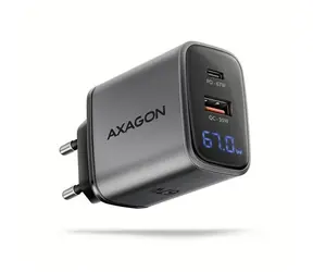 AXAGON ACU-PQ67D šedá / GaN nabíječka do sítě / 1x USB-A / 1x USB-C / 67W / LCD display