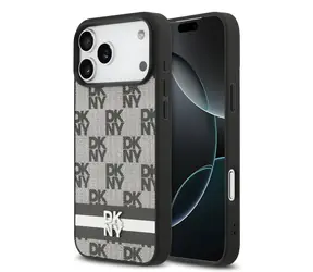 DKNY PU Leather Checkered Pattern and Stripe Zadní Kryt pro iPhone 17 Pro Max Black