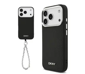 DKNY PU Leather Metal Logo Wrist Chain MagSafe Zadní Kryt pro iPhone 17 Pro Black