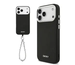DKNY PU Leather Metal Logo Wrist Chain MagSafe Zadní Kryt pro iPhone 17 Pro Max Black