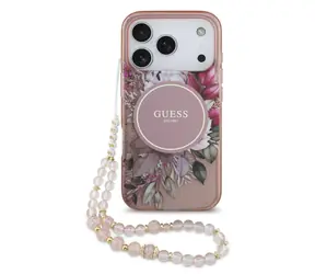 Guess IML Flowers Strap MagSafe Zadní Kryt pro iPhone 17 Pro Pink
