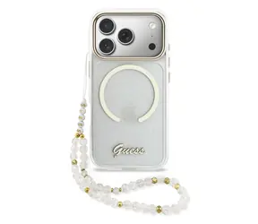 Guess IML Glitter Script Strap MagSafe Zadní Kryt pro iPhone 17 Pro Max Transparent