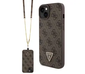 Guess PU 4G Strass Triangle Metal Logo Zadní Kryt + Crossbody Popruh pro iPhone 15 Plus Brown