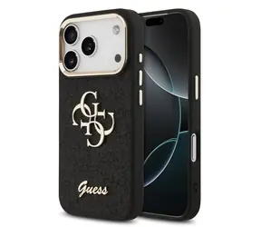 Guess PU Fixed Glitter 4G Metal Frame Zadní Kryt pro iPhone 17 Pro Black