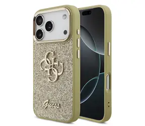 Guess PU Fixed Glitter 4G Metal Frame Zadní Kryt pro iPhone 17 Pro Gold