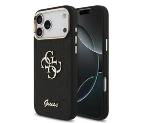 Guess PU Fixed Glitter 4G Metal Frame Zadní Kryt pro iPhone 17 Pro Max Black