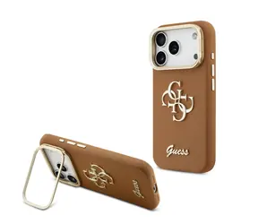 Guess PU Grained 4G Logo Stand Camera Frame Zadní Kryt pro iPhone 17 Pro Brown