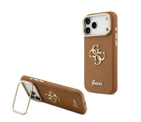 Guess PU Grained 4G Logo Stand Camera Frame Zadní Kryt pro iPhone 17 Pro Max Brown