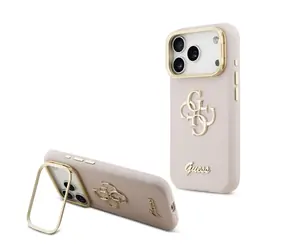 Guess PU Grained 4G Logo Stand Camera Frame Zadní Kryt pro iPhone 17 Pro Pink