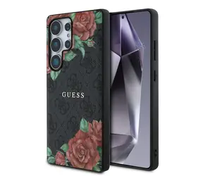 Guess PU Leather 4G Flowers Print Metal Classic Logo MagSafe Zadní Kryt pro Samsung Galaxy S25 Ultra Black