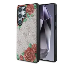 Guess PU Leather 4G Flowers Print Metal Classic Logo MagSafe Zadní Kryt pro Samsung Galaxy S25 Ultra Pink