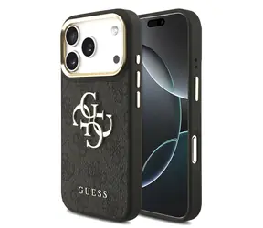 Guess PU Leather 4G Metal Logo Gold Frame Zadní Kryt pro iPhone 17 Pro Black