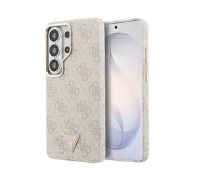 Guess PU Leather 4G Strass Triangle Logo Gold Frame Magnetic Zadní Kryt pro Samsung Galaxy S26 Ultra Pink