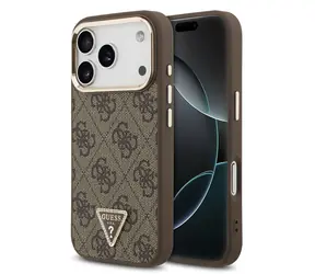 Guess PU Leather 4G Strass Triangle Logo Gold Frame MagSafe Zadní Kryt pro iPhone 17 Pro Brown