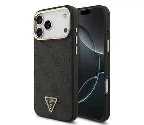 Guess PU Leather 4G Strass Triangle Logo Gold Frame MagSafe Zadní Kryt pro iPhone 17 Pro Max Black