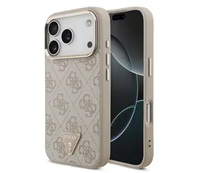 Guess PU Leather 4G Strass Triangle Logo Gold Frame MagSafe Zadní Kryt pro iPhone 17 Pro Pink