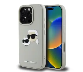 Karl Lagerfeld 3D Rubber Double Heads Zadní Kryt pro iPhone 16 Pro Beige