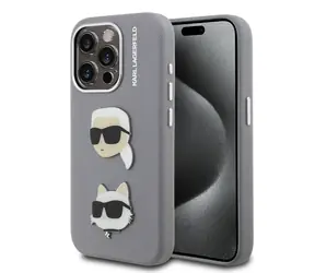 Karl Lagerfeld Grained PU K&CH Heads Zadní Kryt pro iPhone 15 Pro Max Grey