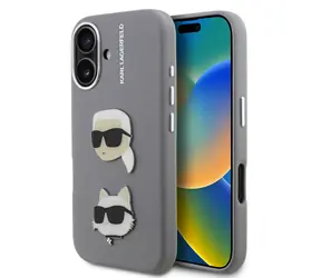 Karl Lagerfeld Grained PU K&CH Heads Zadní Kryt pro iPhone 16 Grey