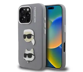 Karl Lagerfeld Grained PU K&CH Heads Zadní Kryt pro iPhone 16 Pro Max Grey