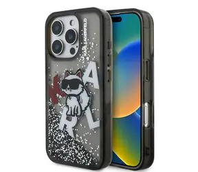 Karl Lagerfeld Liquid Glitter Scattered Choupette Zadní Kryt pro iPhone 16 Pro Black