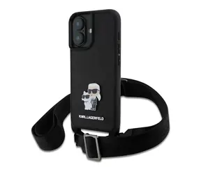 Karl Lagerfeld Saffiano Crossbody Popruh Metal Karl and Choupette Zadní Kryt pro iPhone 16 Plus Black