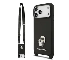 Karl Lagerfeld Saffiano Crossbody Popruh Metal Karl and Choupette Zadní Kryt pro iPhone 17 Pro Max Black