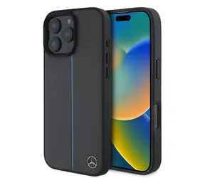 Mercedes Leather Blue Stripe MagSafe Zadní Kryt pro iPhone 16 Pro Anthracite Grey