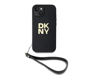 Rozbaleno - DKNY PU Leather Stack Logo Wrist Strap Zadní Kryt pro Apple iPhone 13 černá / rozbaleno